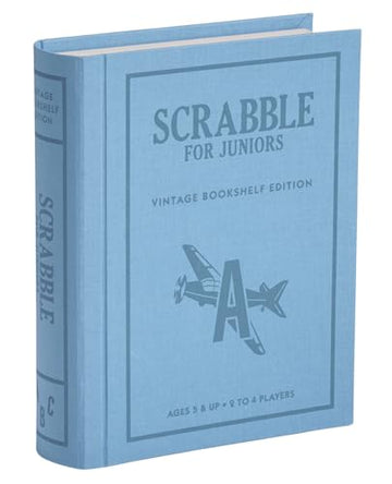 WS Game Company Scrabble for Juniors Vintage Bookshelf Edition: Linen Fabric-Wrapped Book Case - Educational Scrabble Jr. Board Game for Kids