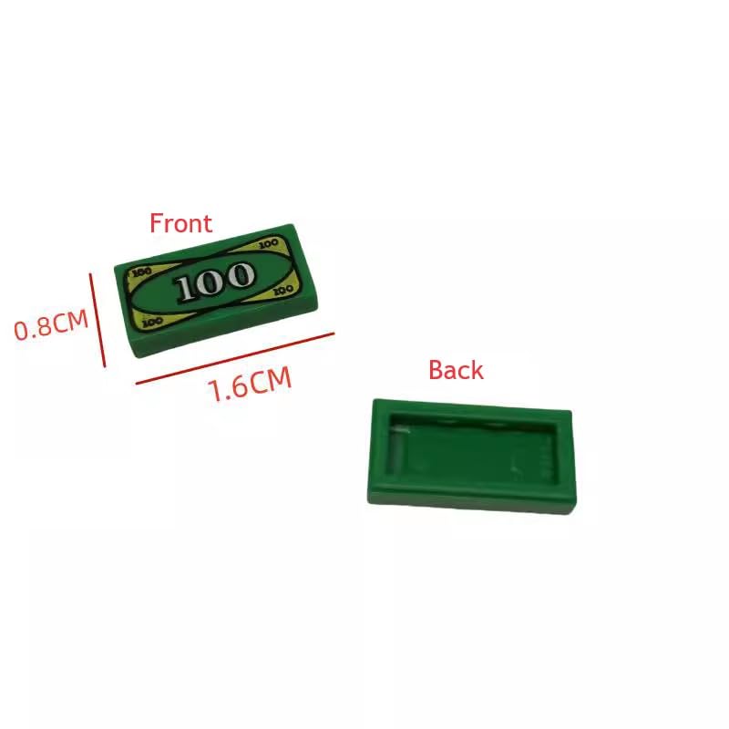 100 Pcs Tiles 1x2 with 100 Dollar Bill Money Print Green, Bulk Tile Money Accessories for Building, Compatible with Lego Parts and Pieces, Great Toy
