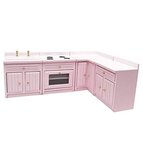 EatingBiting 1:12 Dollhouse Miniature Furniture Kitchen Wooden Pink Combination Cabinet Sink Counters 1/12 Scale Dollhouse Miniature Furniture Deluxe