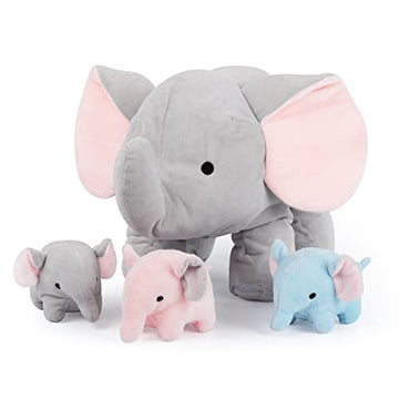 WEIGEDU Elephant Plush Toy Set - 4-Piece Stuffed Animal Family with Zipper Storage | Soft Elephant Dolls for Toddlers & Kids | Grey, Blue, Pink