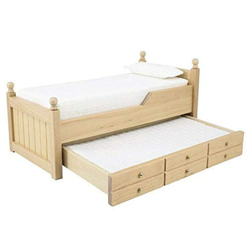EatingBiting 1:12 Furniture Wooden Wood Color Trundle Wooden Bed Miniature Bed with Bedding and Decorative Pillow Pull-Out Type