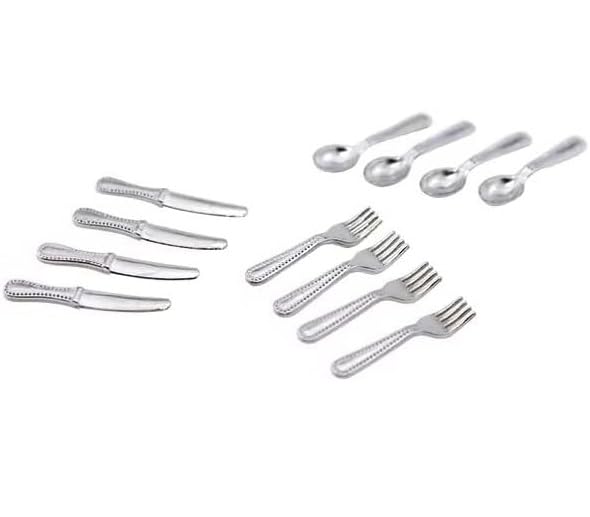 12 Pcs Silver 1/12 Miniature Silverware Knife Fork Spoon 12Pcs Set Dollhouse Decoration Accessories, Miniature Dollhouse mini Knives for Cupcake