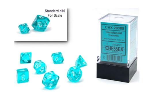 Chessex 10mm Translucent Teal & White Polyhedral Dice Set - Compatible with Dungeons & Dragons (D&D), Pathfinder & Other TTRPGs - Includes 7 Dice: D4