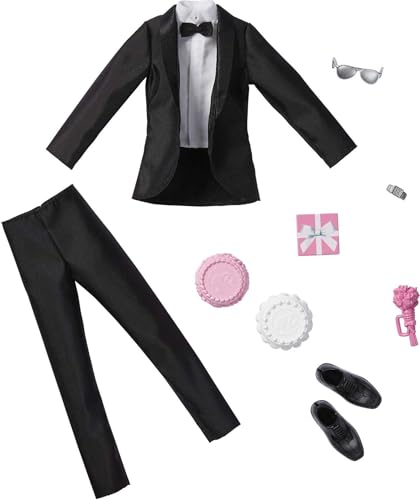 Barbie Fashion Pack: Bridal Outfit for Ken Doll with Tuxedo, Shoes, Watch, Gift, Wedding Cake with Tray & Bouquet, Gift for Kids 3 to 8 Years Old