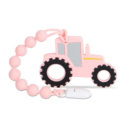 Baby Tractor Teething Toys,Food Grade Silicone Teether with One-Piece Pacifier Clip Holder,Baby Gift,Highly Effective Pain Relief for 3 Months+ Boy
