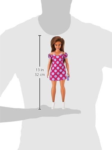 Barbie Fashionistas Doll #171, Curvy, Vitiligo, Long Brunette Hair, Off-Shoulder Polka Dot Dress, Purple Purse, White Boots,Toy for Kids 3 to 8 Years