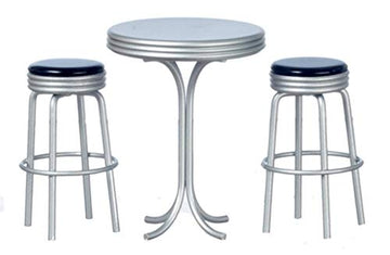 Dollhouse Miniature Tall Table W/2 Stools, Black #T5915