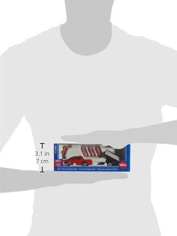 SIKU 3543, VW Amarok Pick-Up with Tipping Trailer, 1:55, Metal/Plastic, Red, Incl. Toy Figure and 5 Traffic barriers
