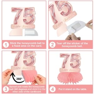 Happy 75th Birthday Rose Gold Table Honeycomb Centerpieces Balloons Theme Decor Table Decorations Table Toppers for Girls Women Sweet Princess 75