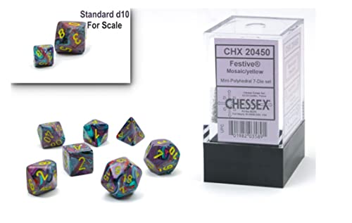 Chessex Dice Set - 10mm Festive Mosaic/Yellow Plastic Polyhedral Dice Set - Dungeons and Dragons D&D DND TTRPG Dice - Includes 7 Dice - D4 D6 D8 D10