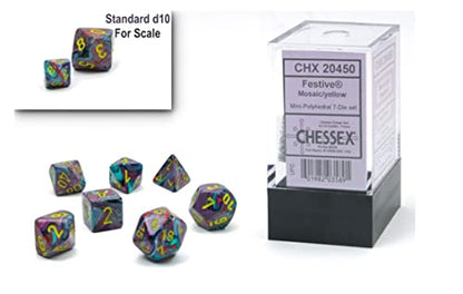 Chessex Dice Set - 10mm Festive Mosaic/Yellow Plastic Polyhedral Dice Set - Dungeons and Dragons D&D DND TTRPG Dice - Includes 7 Dice - D4 D6 D8 D10