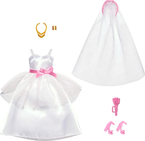 Barbie Clothes Set, Fashion & Accessories Pack for Barbie Dolls, Bridal Theme with Wedding Dress, Veil, Bouquet, Shoes & Jewelry