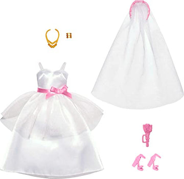 Barbie Clothes Set, Fashion & Accessories Pack for Barbie Dolls, Bridal Theme with Wedding Dress, Veil, Bouquet, Shoes & Jewelry