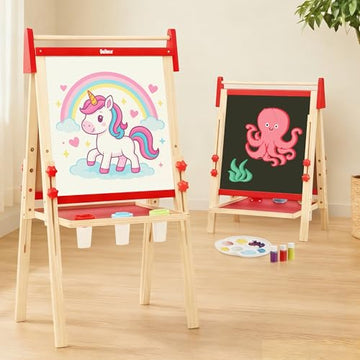 Belleur Wooden Art Easel for Kids 2+, Adjustable Double Sided Easel for Toddlers with Dry-Erase Board & Magnetic Whiteboard & Paper Roll Rod, 28"-40"