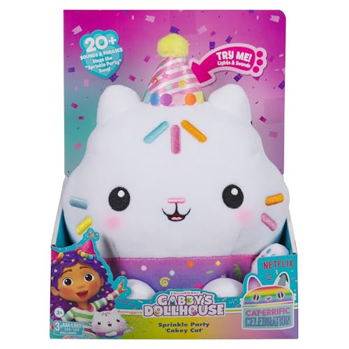 Gabby's Dollhouse Celebrations, Sprinkle Party Cakey Cat Soft Toy, 25-Centimetre Interactive Soft Toy with Sounds, Kids’ Toys for Girls and Boys Aged