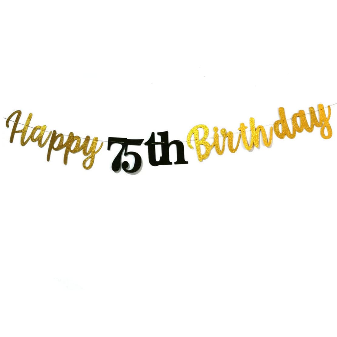 Glitter Happy 75th Birthday Banner, Black and Gold Happy 75th Birthday Banner Sign, 75th Birthday Party Decorations Supplies Pre - Strung (Black)