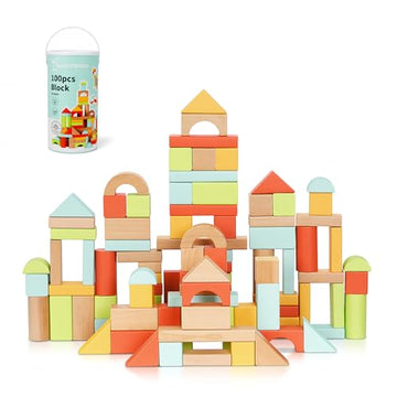 SproutSpace 100pcs Building Blocks for Toddlers 1-3, Wooden Blocks for Kids with Storage Bucket and Shape Sorter, Stacking Toys or 1 2 3 Year Old