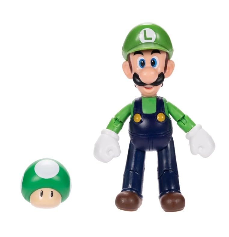 Super Mario Luigi 4 Inch Action Figure with 1-Up Mushroom