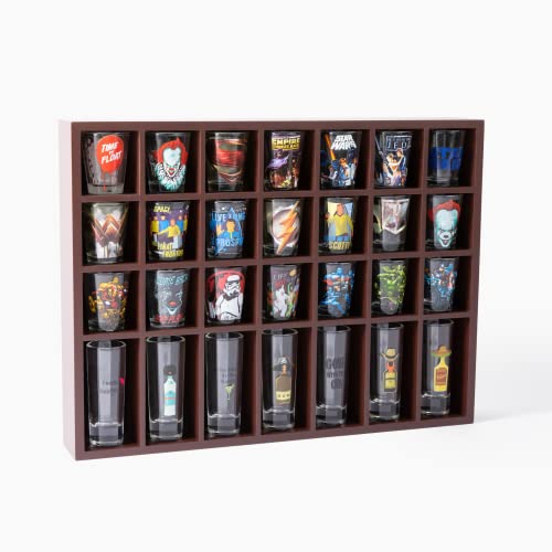 DECOMIL Shot Glass Display Case for Wall & Free Standing with Holder for 28 Tall Shot Glasses, Solid Wood Rack Without Door