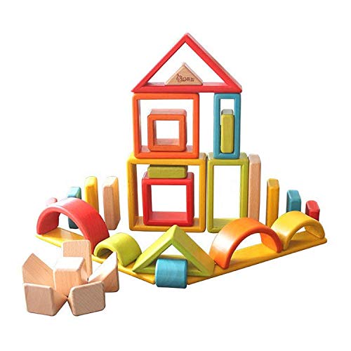 moderngenic 'Wonderland' Wooden Geometrical Building Blocks, 32 Piece Large Geometrical Rainbow Stacker, Stacking & Nesting Construction Toys