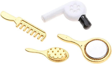 Miniature Comb and Hair Dryer Set for Dollhouses, 4Pcs Mini Bathroom Accessories, Mirror and Makeup Decor for Dollhouse Displays