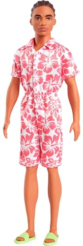 Barbie Fashionistas Ken Doll #235 with Braided Brown Hair, Wearing Coral Jumpsuit with Hawaiian Print and Green Sandals