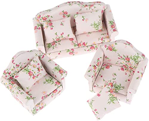 Dollhouse Furniture Set 3 Pcs 1:12 Dollhouse Miniature Wooden Sofa Cushions Armchair Pillow Kit Dolls House Furniture Couch with 1 Pc Dollhouse