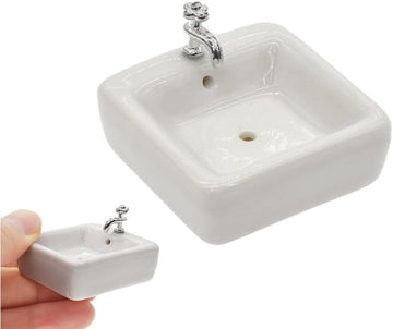 1:12 Scale Ceramic Sink with Removable Faucet - Miniature Dollhouse Bathroom and Kitchen Accessories for Victorian Style Decor, Realistic Doll House