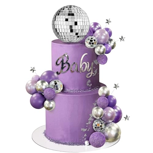 32PCS Disco Purple Ball Cake Topper Decoration for Wedding Birthday Baby Shower Party Cake Decoration Supplies