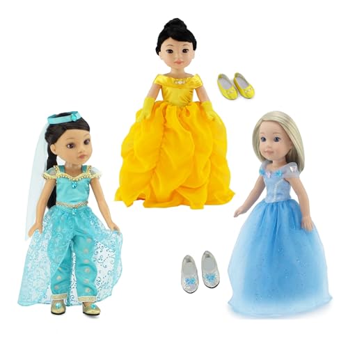 Emily Rose 14 Inch Doll Princess Clothes 9-PC Value Bundle | 3 Complete Outfits with Shoes | Compatible with Glitter Girls and Wellie Wishers Dolls |