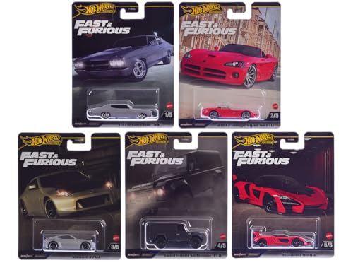 Hot Wheels Fast & Furious Premium Die-Cast Cars Bundle, 5-Pack Set, 1970 Chevelle SS, Dodge Viper, Nissan 370Z, Land Rover Defender, McLaren Senna