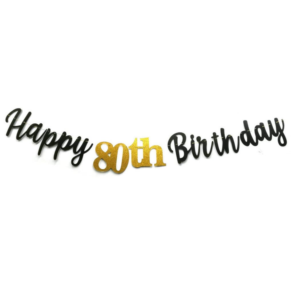 Double Sized Glitter Paper Black Happy 80th Birthday Banner Sign No DIY Gold Glitter 80 Years Birthday Party Decorations Supplies Anniversary