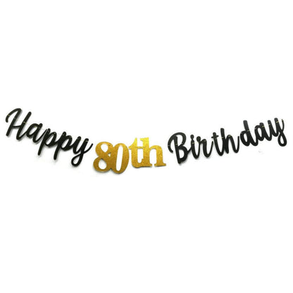 Double Sized Glitter Paper Black Happy 80th Birthday Banner Sign No DIY Gold Glitter 80 Years Birthday Party Decorations Supplies Anniversary