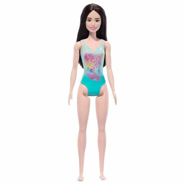 Beach Barbie Doll with Black Hair Wearing Tropical Blue Swimsuit