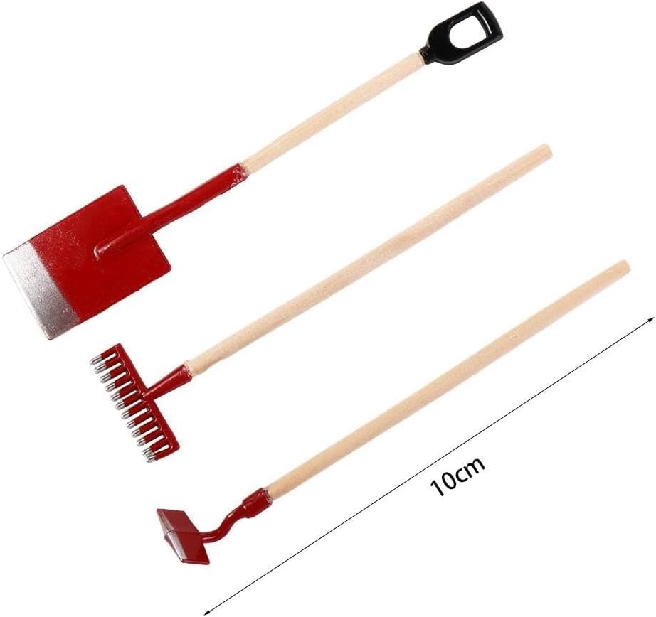 3 Pcs Red Miniature Garden Tools 1:12 Mini Shovels and Rake Farm Tools Fairy Garden Dollhouse Accessories Furniture Toy Sets