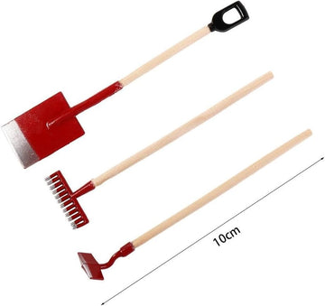 3 Pcs Red Miniature Garden Tools 1:12 Mini Shovels and Rake Farm Tools Fairy Garden Dollhouse Accessories Furniture Toy Sets