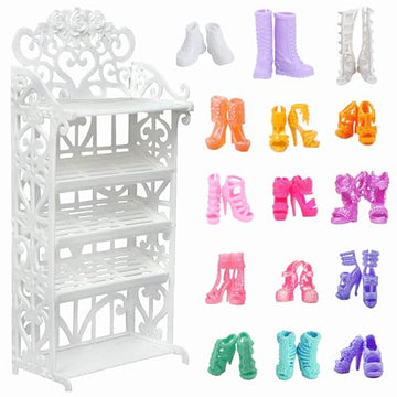 BJDBUS 1 Doll Shoes Rack Shelf + 20 Pairs Shoes Set Accessories High Heel Boots Sandals Assorted Furniture for 11.5 Inch Girl Doll