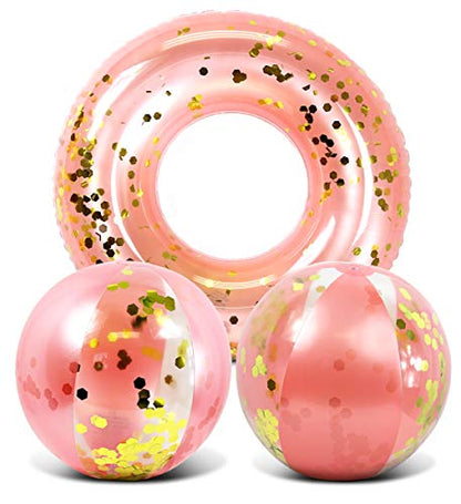 Mozlly Rose Gold Inflatable Beach Balls and Pool Float Tube Bundle - Premium Swim Ring Pool Float and Glitter Beach Ball Set, Fun Pool Floats