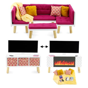 Emily Rose 18 Inch Doll Living Room Furniture Set - 19 Piece Wooden Convertible Sectional Sofa Daybed with TV, Fireplace, No-Slip Cushions &