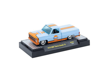 1979 Sierra Classic 15 Pickup Truck Light Blue with Orange Stripe Limited Edition to 10450 Pieces Worldwide 1/64 Diecast Model Car by M2 31500-MJS83