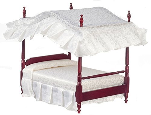 Dollhouse Miniature Mahogany 4 Poster Bed with Bedding