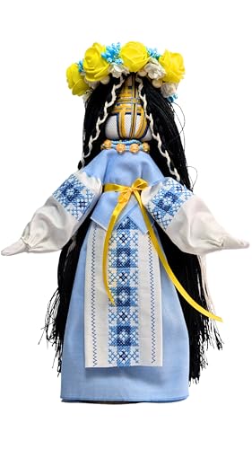 BraveUA 12'' Exclusive Collectible Ukrainian Motanka Doll on Wooden Base || Mother Nature Doll || Slavic Design Handmade Made in Ukraine (Light Blue)