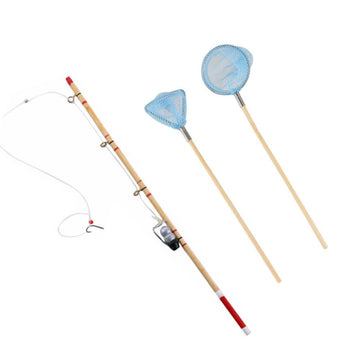1/12 Miniature Fishing Pole and Nets Dollhouse Decoration Accessories Mini Fishing Rod Mini Fishing Net Miniature Garden Beach Pond Accessories