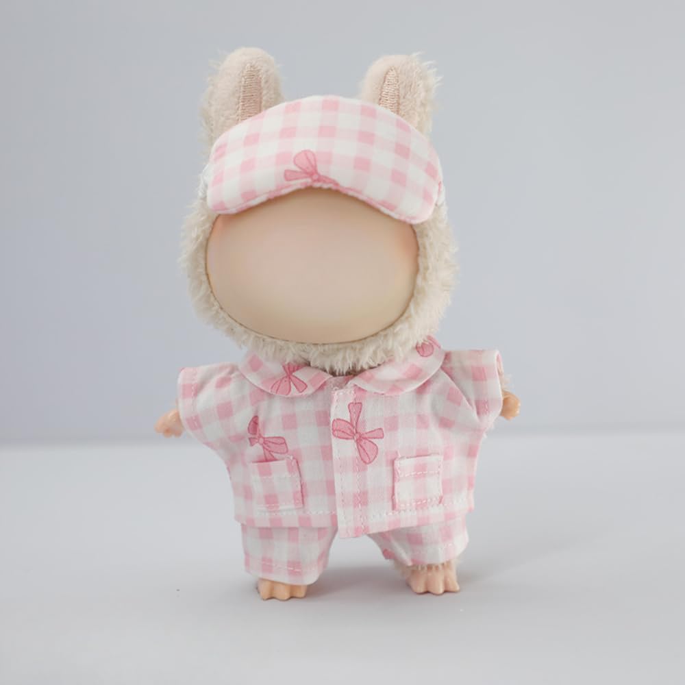 Clothes for Labubu Soft Cotton Cute Pajama Design 3-Piece Set,Plaid Top,Pants & Eye Mask,Perfect for 17cm Dolls(No Doll) (Pink)