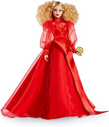 Barbie Collector Mattel 75th Anniversary Doll (12-in Blonde Curly Hair) in Red Chiffon Gown, with Doll Stand and Certificate of Authenticity