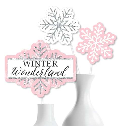 Big Dot of Happiness Pink Winter Wonderland - Holiday Snowflake Birthday Party or Baby Shower Centerpiece Sticks - Table Toppers - Set of 15