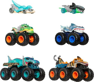 Hot Wheels Toy Cars & Monster Trucks, Sharks vs. Dinos Multipack with 8 Total Vehicles, Including Big Rigs, 1:64 Scale Monster Trucks & 1:64 Scale Hot