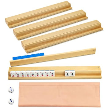 apinud Mahjong Racks with Magnetic Pushers for American Mahjong, 17.3 Inch Wooden Tile Holder Set of 4, Adult Card Game Accessories with Dice