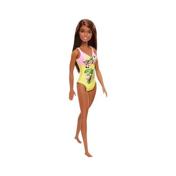 Barbie Fasshion Doll, Beach-Themed Brunette Wearing Pink & Yellow Floral Swimsuit