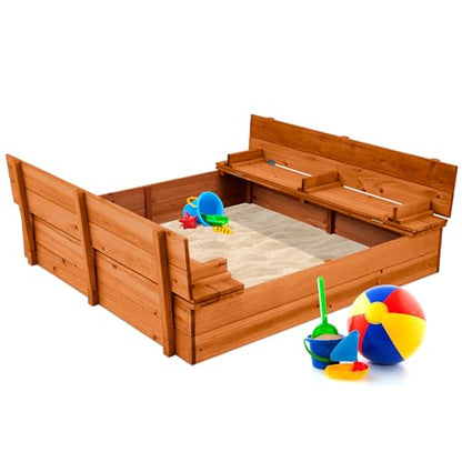 Best Choice Products Large Outdoor Wooden Sand Box for Kids, Sandbox with Cover, Bench Seats Support up to 220 lbs, Bottom Liner for Drainage, Cedar